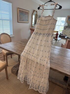 Walter Baker White Maxi Dress with Blue Floral Embroidery